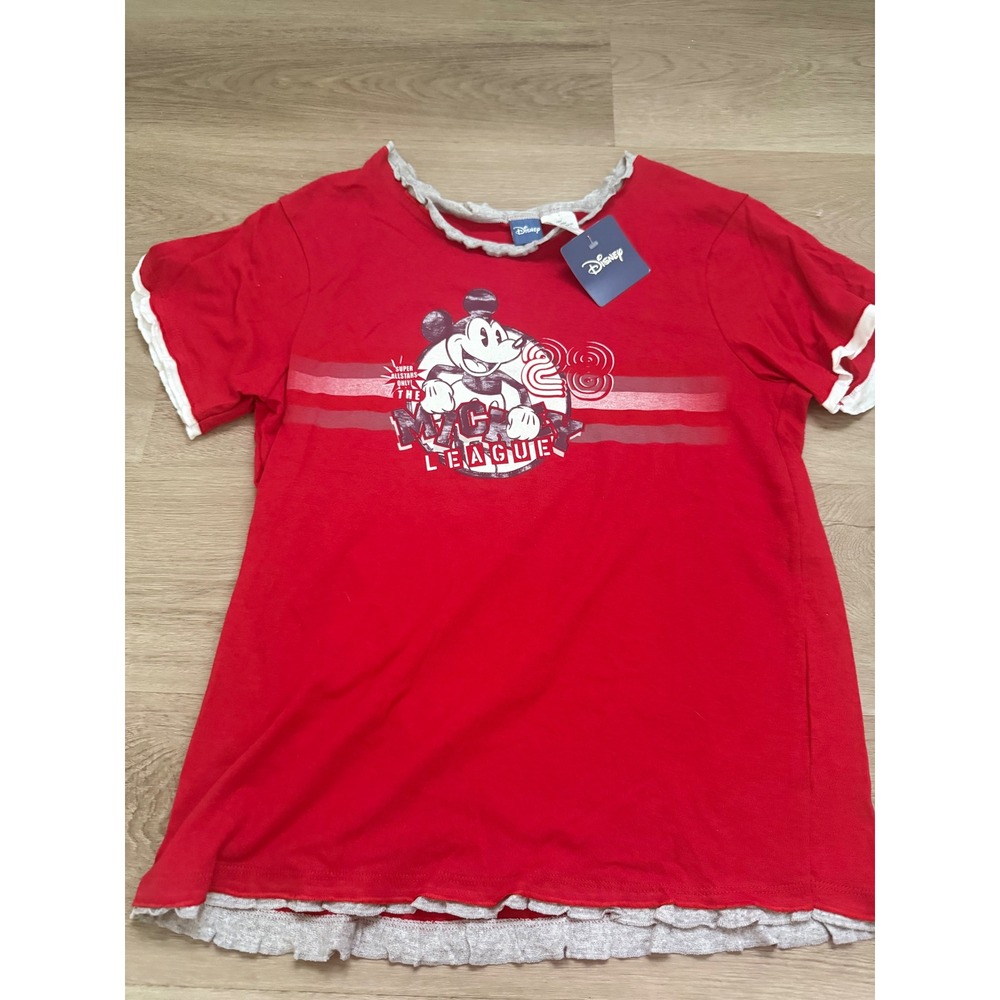 Disney Mickey Mouse Ruffle Trim Graphic T-Shirt Red 16W NWT